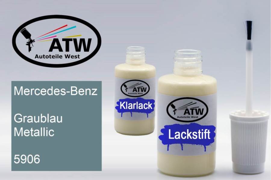 Mercedes-Benz, Graublau Metallic, 5906: 20ml Lackstift + 20ml Klarlack - Set, von ATW Autoteile West.